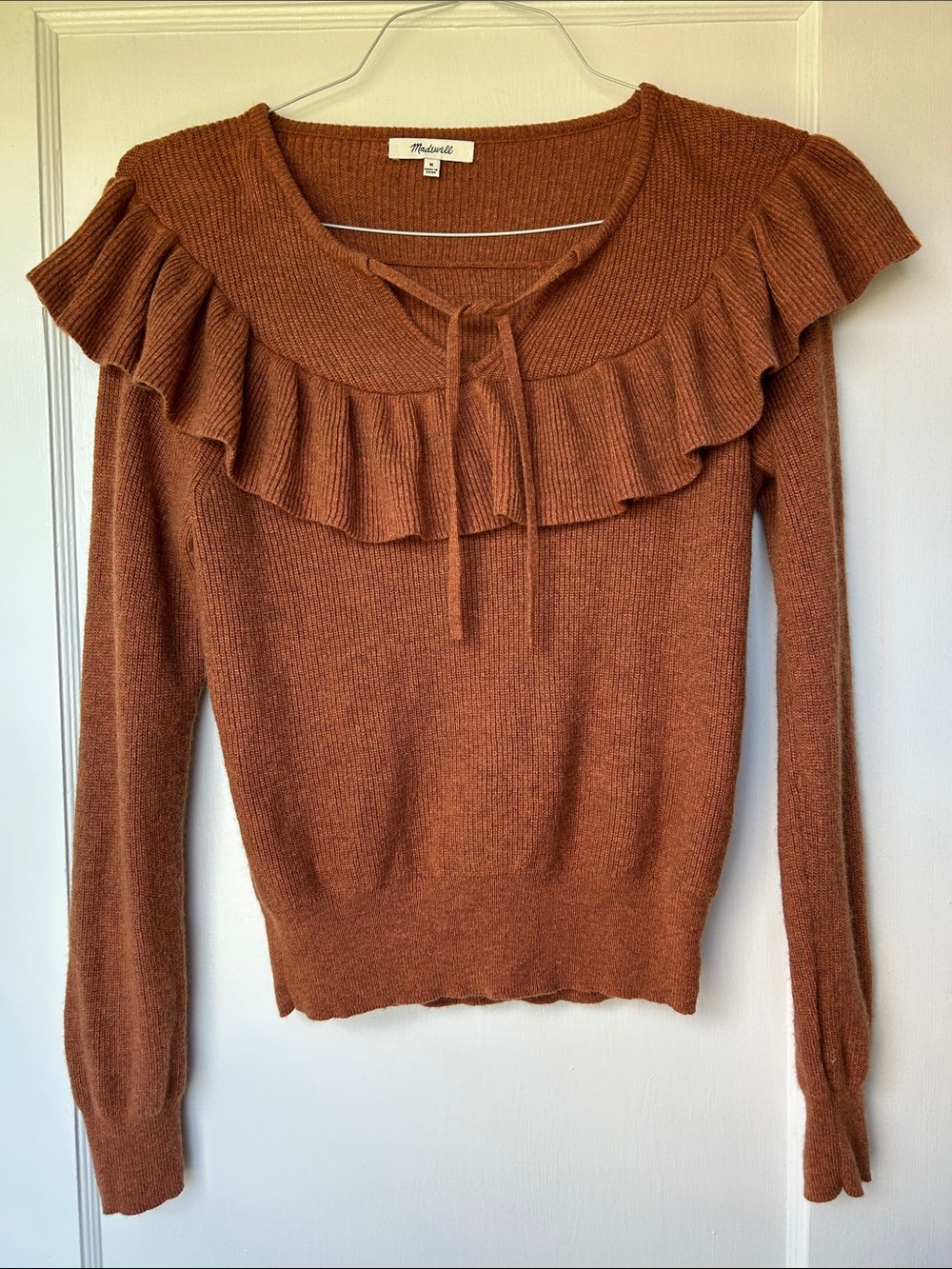 Madewell Ruffled Tie-Neck Sweater in Burnt Orange - Alpaca & Merino Wool Size M
